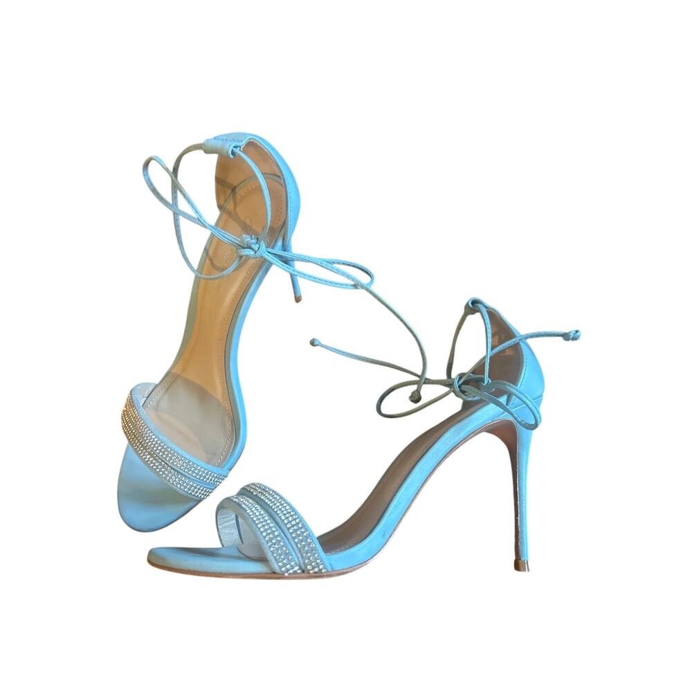 SAKS Fifth Ave Baby Blue Heel Sandals Rhinestone Formal Wedding Size 38 8 Shoes
